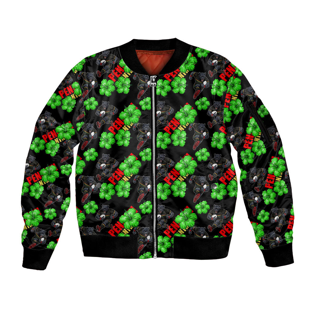 Penrith Panthers Sleeve Zip Bomber Jacket Tropical Hibiscus Floral Seamless Rugby Mascot