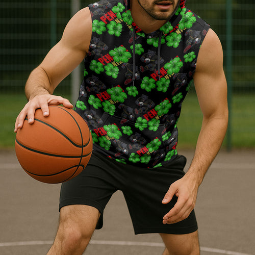 Penrith Panthers Sleeveless Hoodie Tropical Hibiscus Floral Seamless Rugby Mascot