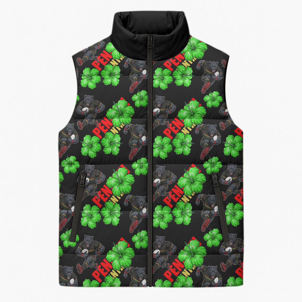 Penrith Panthers Sleeveless Puffer Jacket Tropical Hibiscus Floral Seamless Rugby Mascot