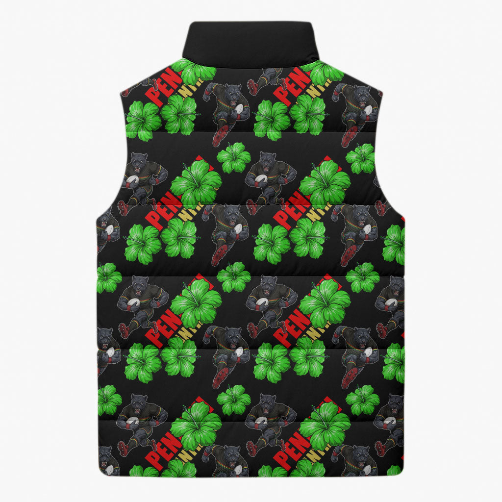 Penrith Panthers Sleeveless Puffer Jacket Tropical Hibiscus Floral Seamless Rugby Mascot