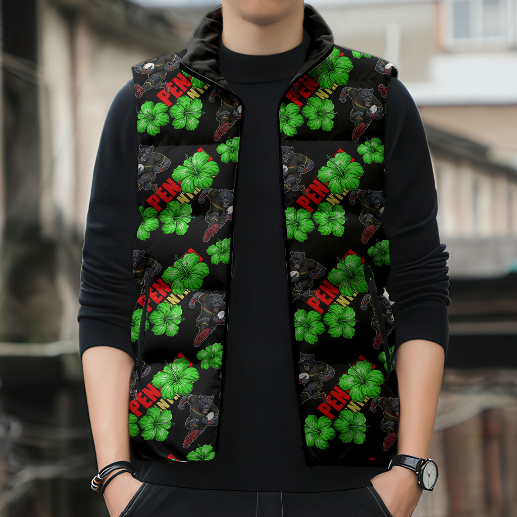 Penrith Panthers Sleeveless Puffer Jacket Tropical Hibiscus Floral Seamless Rugby Mascot