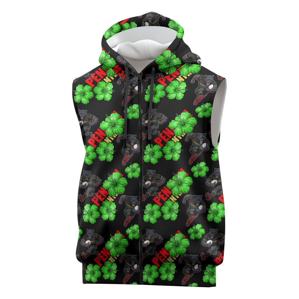 Penrith Panthers Sleeveless Zip Hoodie Tropical Hibiscus Floral Seamless Rugby Mascot