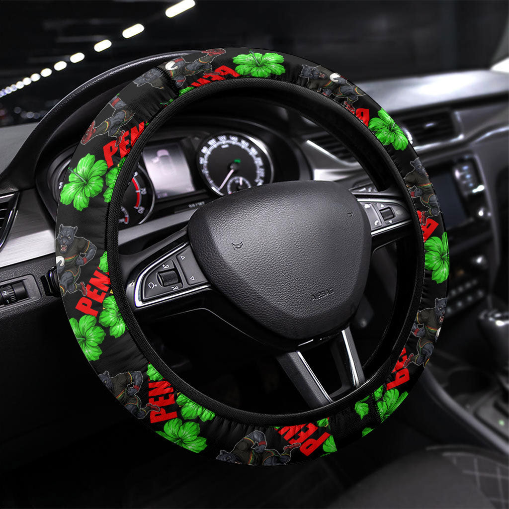 Penrith Panthers Steering Wheel Cover Tropical Hibiscus Floral Seamless Rugby Mascot