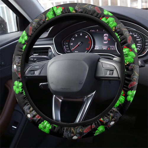 Penrith Panthers Steering Wheel Cover Tropical Hibiscus Floral Seamless Rugby Mascot