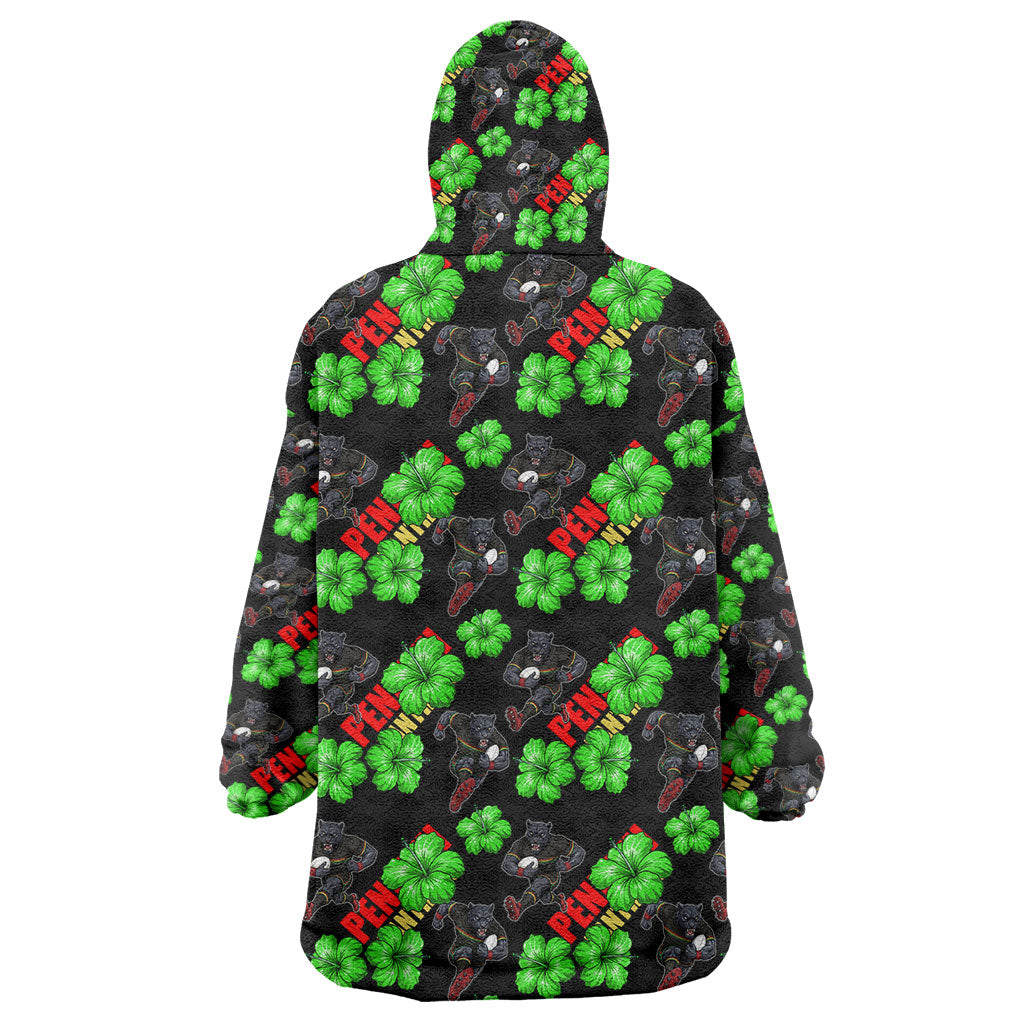 Penrith Panthers Wearable Blanket Hoodie Tropical Hibiscus Floral Seamless Rugby Mascot