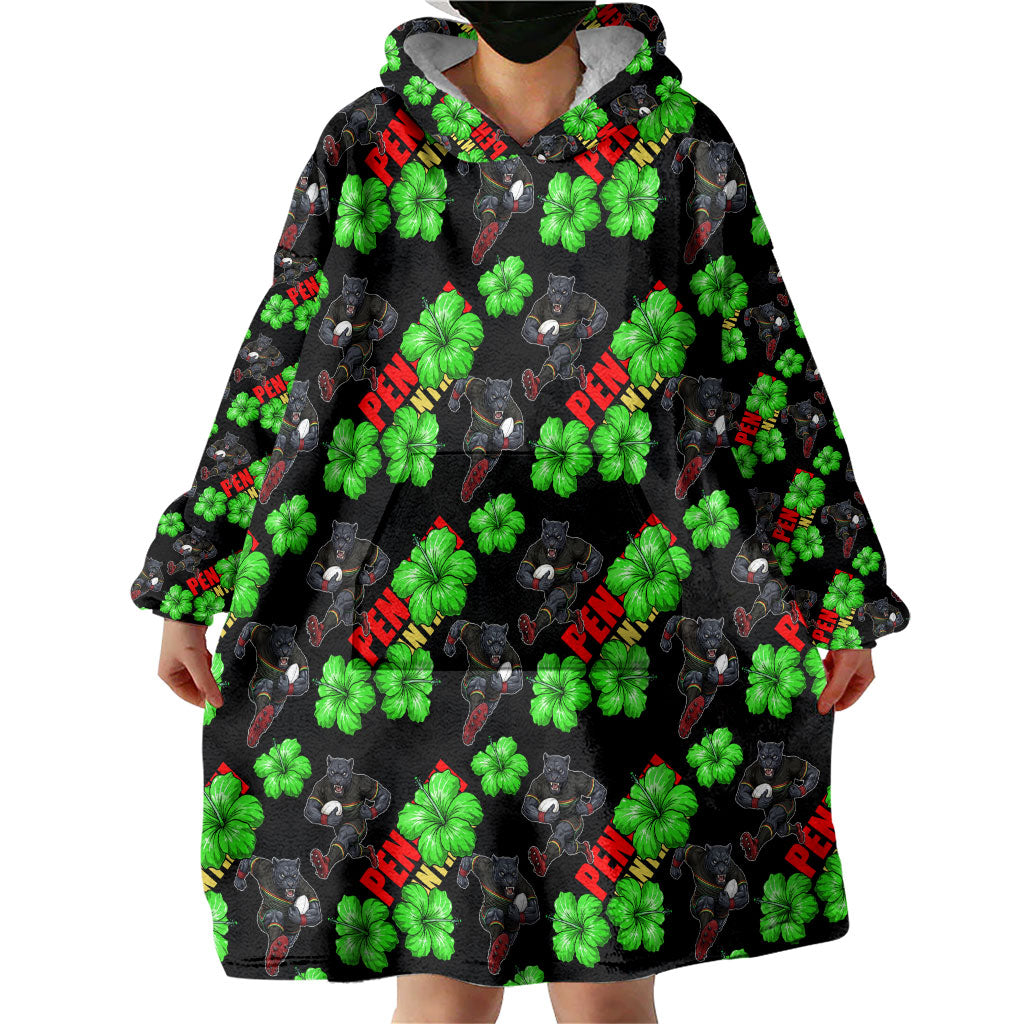 Penrith Panthers Wearable Blanket Hoodie Tropical Hibiscus Floral Seamless Rugby Mascot