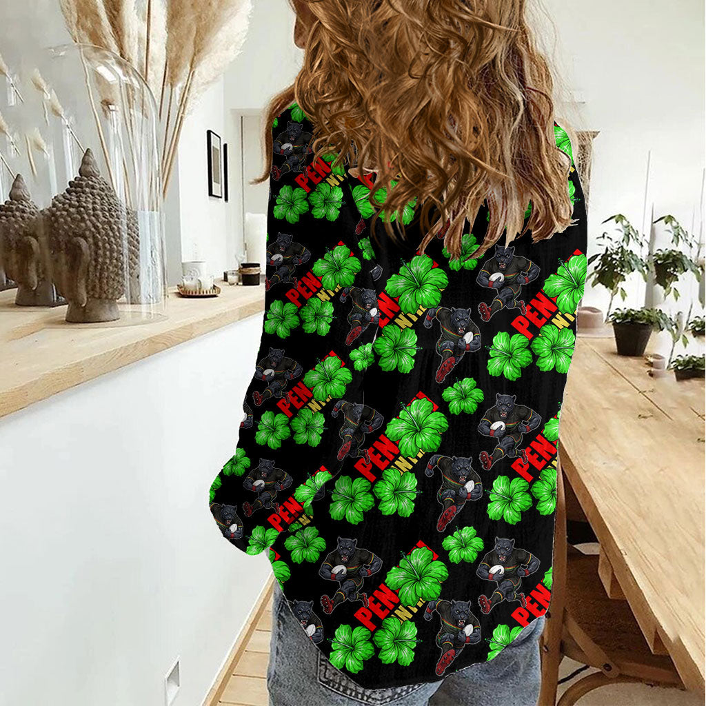 Penrith Panthers Women Casual Shirt Tropical Hibiscus Floral Seamless Rugby Mascot