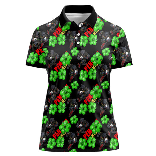 Penrith Panthers Women Polo Shirt Tropical Hibiscus Floral Seamless Rugby Mascot
