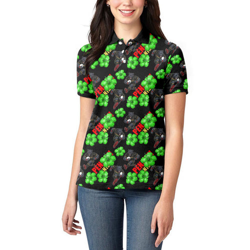 Penrith Panthers Women Polo Shirt Tropical Hibiscus Floral Seamless Rugby Mascot