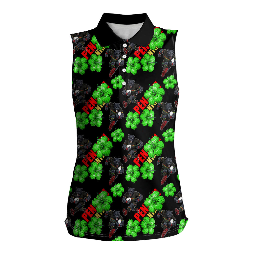 Penrith Panthers Women Sleeveless Polo Shirt Tropical Hibiscus Floral Seamless Rugby Mascot