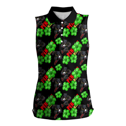 Penrith Panthers Women Sleeveless Polo Shirt Tropical Hibiscus Floral Seamless Rugby Mascot