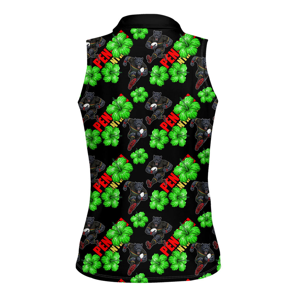 Penrith Panthers Women Sleeveless Polo Shirt Tropical Hibiscus Floral Seamless Rugby Mascot