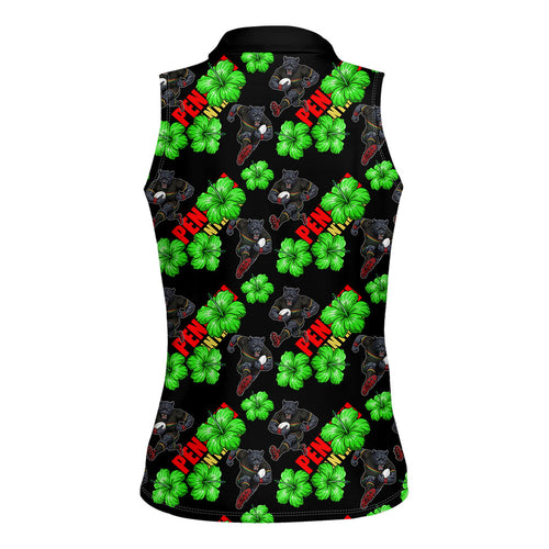 Penrith Panthers Women Sleeveless Polo Shirt Tropical Hibiscus Floral Seamless Rugby Mascot