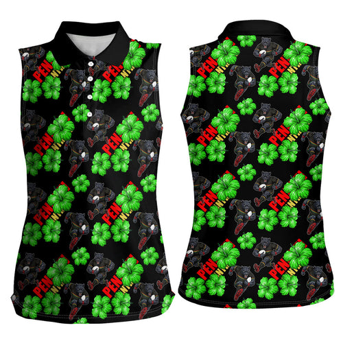 Penrith Panthers Women Sleeveless Polo Shirt Tropical Hibiscus Floral Seamless Rugby Mascot