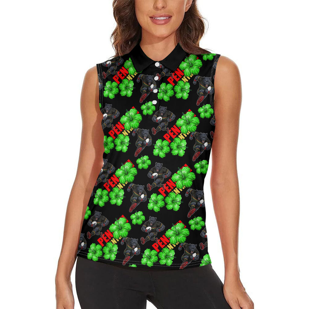 Penrith Panthers Women Sleeveless Polo Shirt Tropical Hibiscus Floral Seamless Rugby Mascot