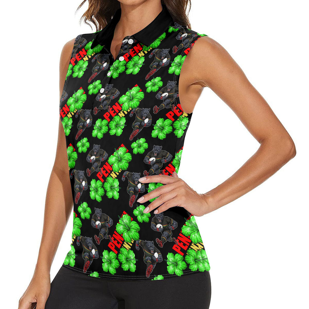 Penrith Panthers Women Sleeveless Polo Shirt Tropical Hibiscus Floral Seamless Rugby Mascot