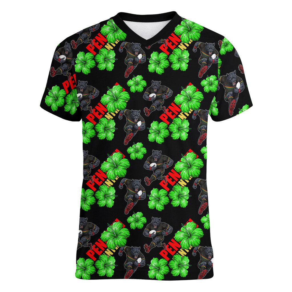 Penrith Panthers Women V-Neck T-Shirt Tropical Hibiscus Floral Seamless Rugby Mascot