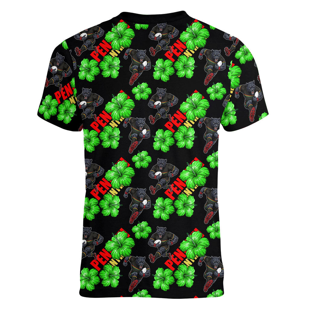 Penrith Panthers Women V-Neck T-Shirt Tropical Hibiscus Floral Seamless Rugby Mascot