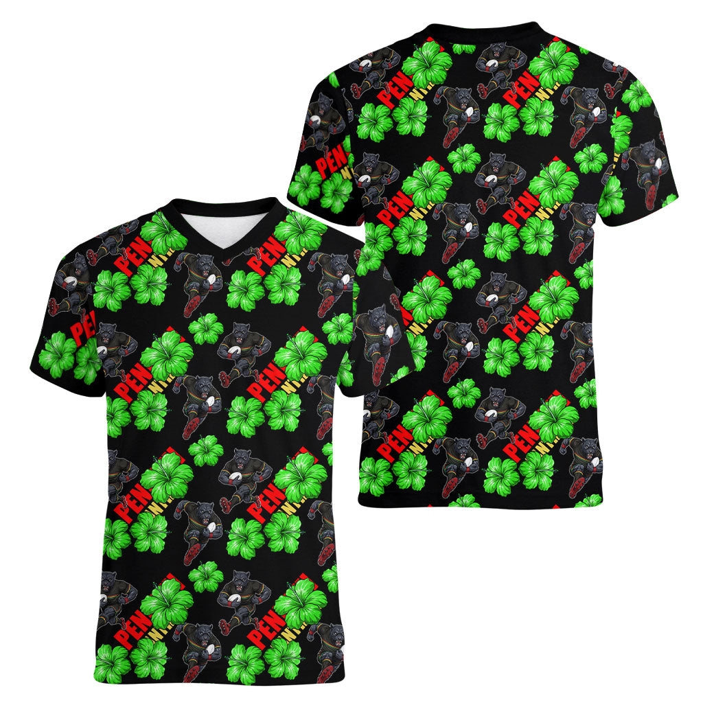 Penrith Panthers Women V-Neck T-Shirt Tropical Hibiscus Floral Seamless Rugby Mascot