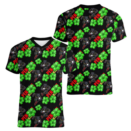 Penrith Panthers Women V-Neck T-Shirt Tropical Hibiscus Floral Seamless Rugby Mascot
