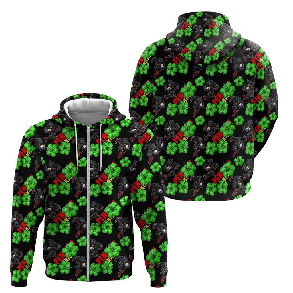 Penrith Panthers Zip Hoodie Tropical Hibiscus Floral Seamless Rugby Mascot