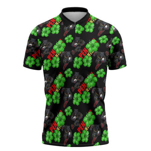 Penrith Panthers Zipper Polo Shirt Tropical Hibiscus Floral Seamless Rugby Mascot