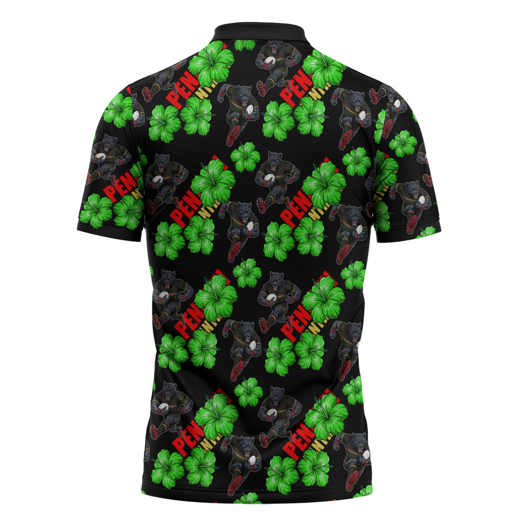 Penrith Panthers Zipper Polo Shirt Tropical Hibiscus Floral Seamless Rugby Mascot