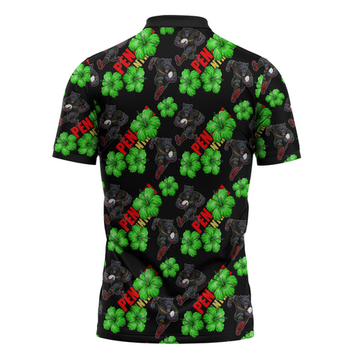 Penrith Panthers Zipper Polo Shirt Tropical Hibiscus Floral Seamless Rugby Mascot