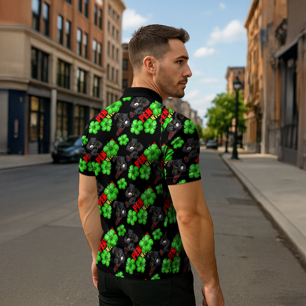 Penrith Panthers Zipper Polo Shirt Tropical Hibiscus Floral Seamless Rugby Mascot