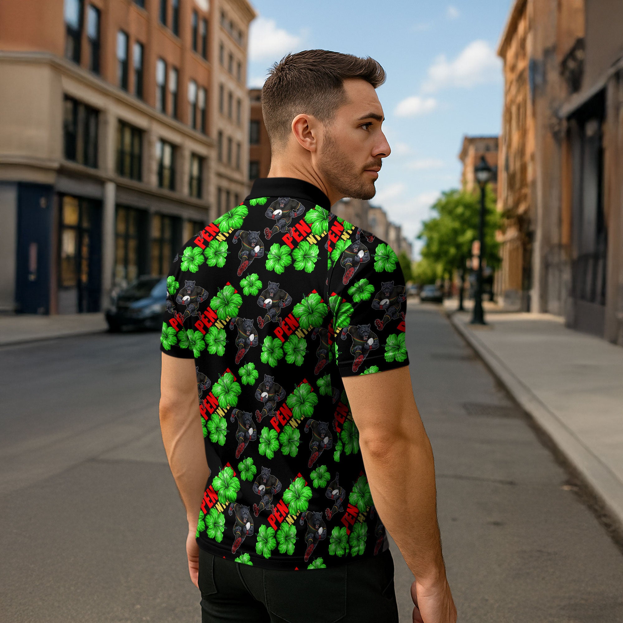 Penrith Panthers Zipper Polo Shirt Tropical Hibiscus Floral Seamless Rugby Mascot