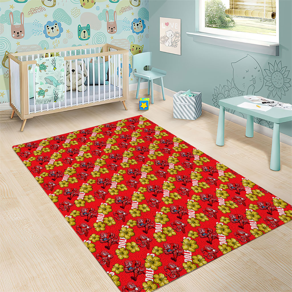 Dolphins Mascot Area Rug Tropical Hibiscus Floral Seamless Rugby Mascot