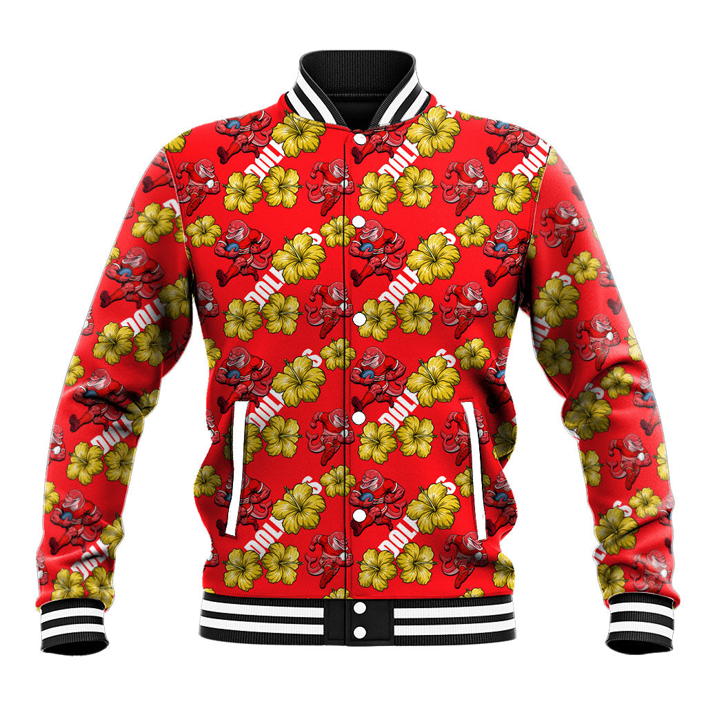 Dolphins Mascot Baseball Jacket Tropical Hibiscus Floral Seamless Rugby Mascot