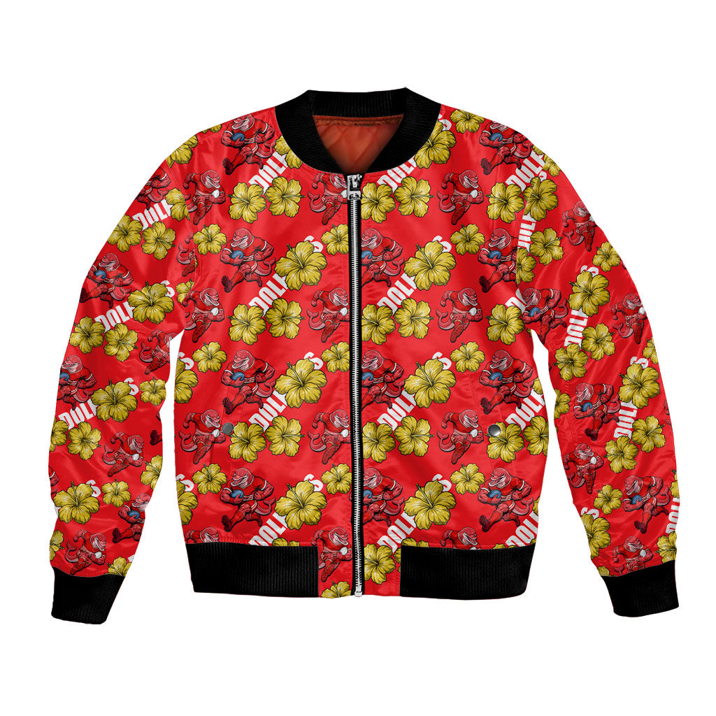 Dolphins Mascot Bomber Jacket Tropical Hibiscus Floral Seamless Rugby Mascot