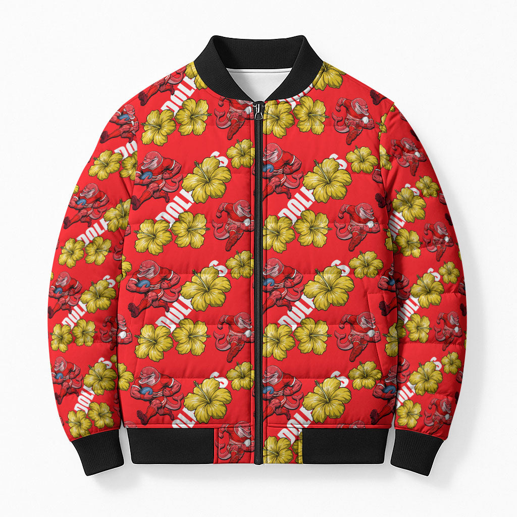 Dolphins Mascot Bomber Puffer Jacket Tropical Hibiscus Floral Seamless Rugby Mascot