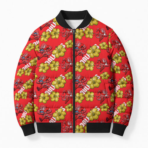 Dolphins Mascot Bomber Puffer Jacket Tropical Hibiscus Floral Seamless Rugby Mascot