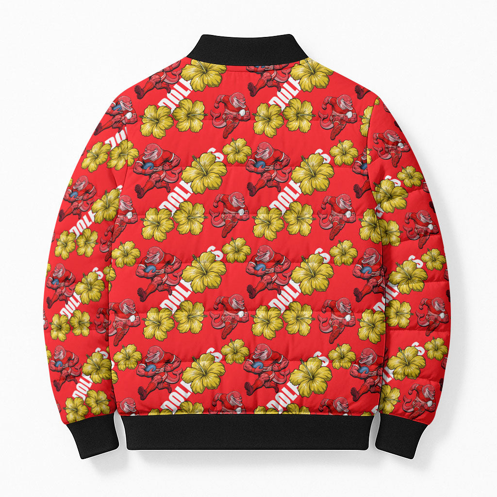 Dolphins Mascot Bomber Puffer Jacket Tropical Hibiscus Floral Seamless Rugby Mascot