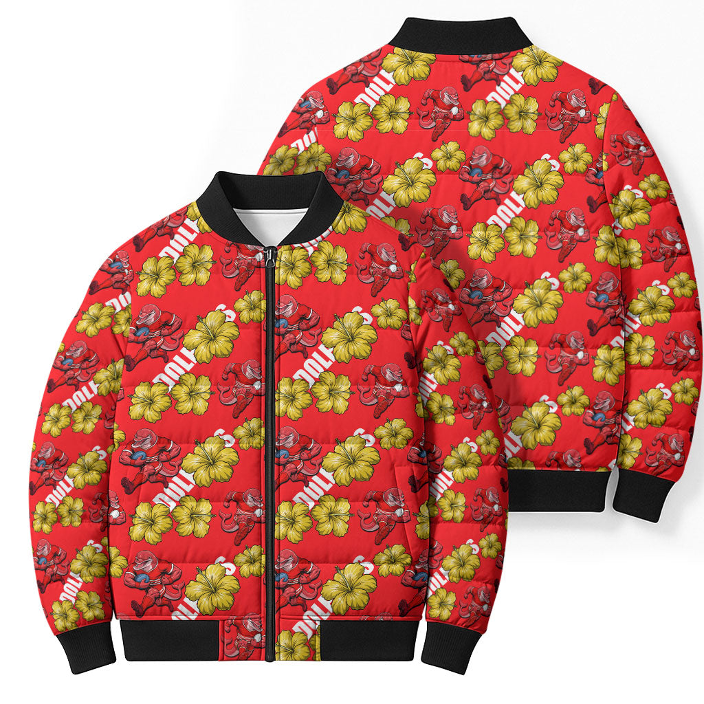 Dolphins Mascot Bomber Puffer Jacket Tropical Hibiscus Floral Seamless Rugby Mascot