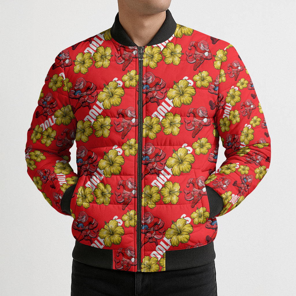 Dolphins Mascot Bomber Puffer Jacket Tropical Hibiscus Floral Seamless Rugby Mascot
