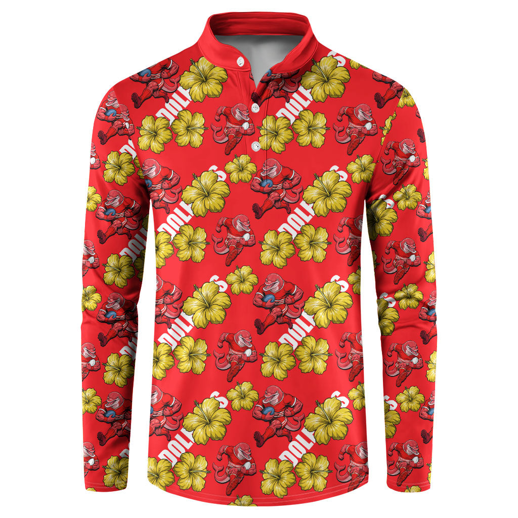 Dolphins Mascot Button Sweatshirt Tropical Hibiscus Floral Seamless Rugby Mascot