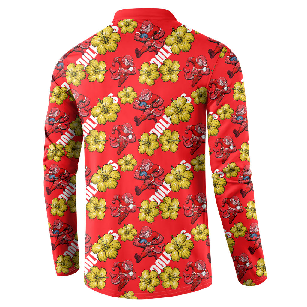 Dolphins Mascot Button Sweatshirt Tropical Hibiscus Floral Seamless Rugby Mascot