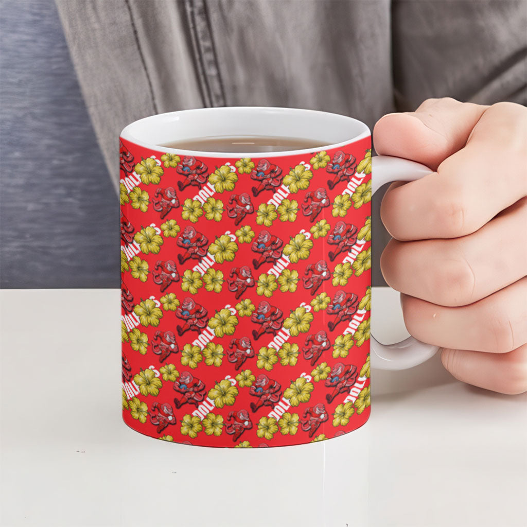 Dolphins Mascot Ceramic Mug Tropical Hibiscus Floral Seamless Rugby Mascot