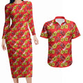 Dolphins Mascot Couples Matching Long Sleeve Bodycon Dress and Hawaiian Shirt Tropical Hibiscus Floral Seamless Rugby Mascot