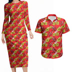 Dolphins Mascot Couples Matching Long Sleeve Bodycon Dress and Hawaiian Shirt Tropical Hibiscus Floral Seamless Rugby Mascot