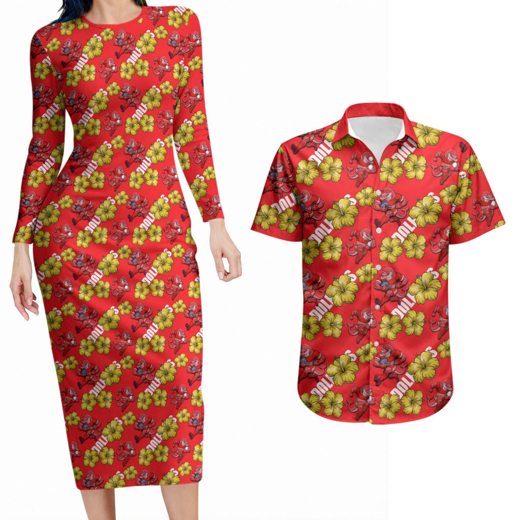 Dolphins Mascot Couples Matching Long Sleeve Bodycon Dress and Hawaiian Shirt Tropical Hibiscus Floral Seamless Rugby Mascot