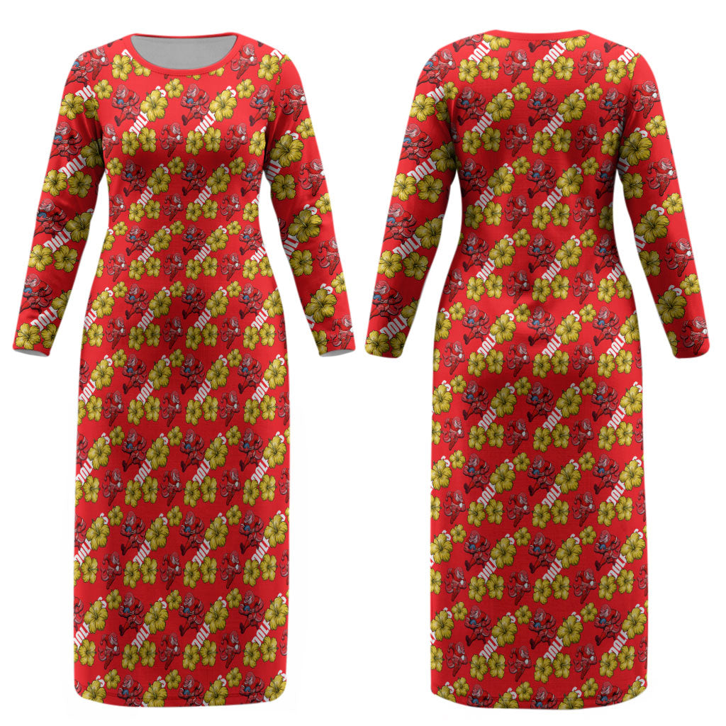 Dolphins Mascot Couples Matching Long Sleeve Bodycon Dress and Hawaiian Shirt Tropical Hibiscus Floral Seamless Rugby Mascot