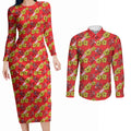 Dolphins Mascot Couples Matching Long Sleeve Bodycon Dress and Long Sleeve Button Shirt Tropical Hibiscus Floral Seamless Rugby Mascot