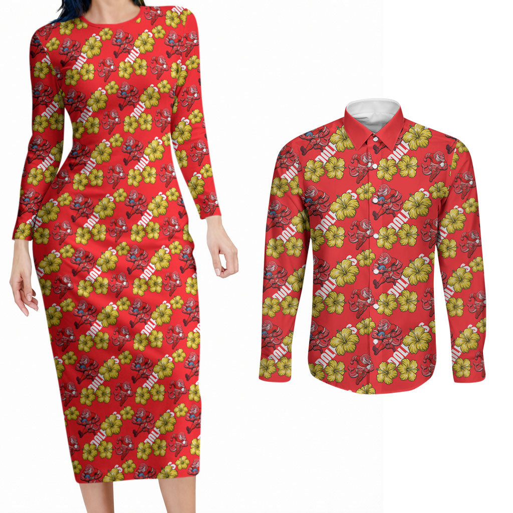 Dolphins Mascot Couples Matching Long Sleeve Bodycon Dress and Long Sleeve Button Shirt Tropical Hibiscus Floral Seamless Rugby Mascot