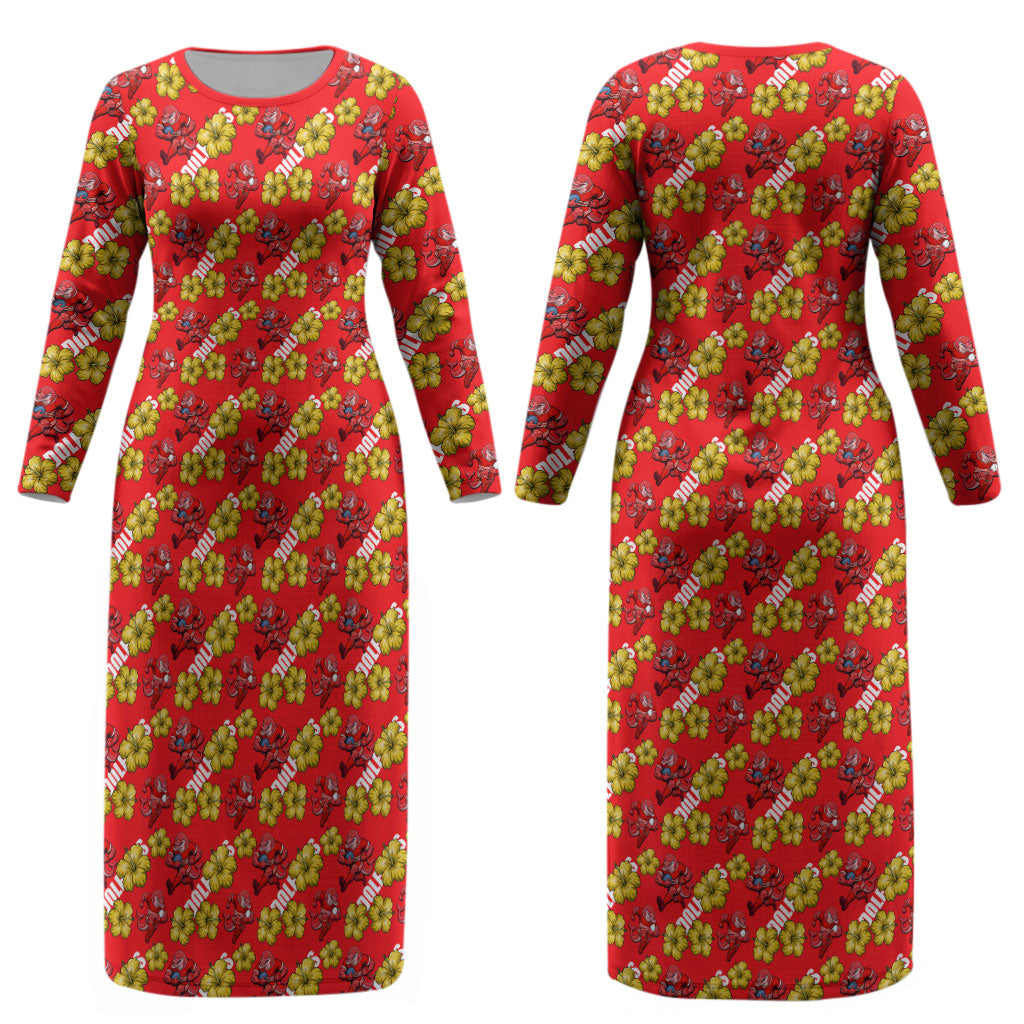 Dolphins Mascot Couples Matching Long Sleeve Bodycon Dress and Long Sleeve Button Shirt Tropical Hibiscus Floral Seamless Rugby Mascot