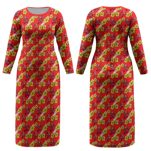 Dolphins Mascot Couples Matching Long Sleeve Bodycon Dress and Long Sleeve Button Shirt Tropical Hibiscus Floral Seamless Rugby Mascot