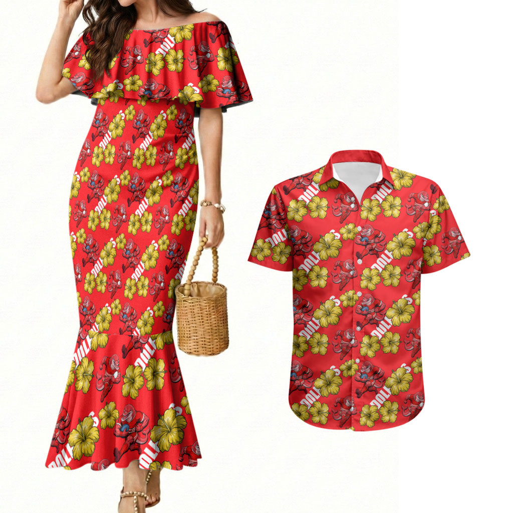 Dolphins Mascot Couples Matching Mermaid Dress and Hawaiian Shirt Tropical Hibiscus Floral Seamless Rugby Mascot